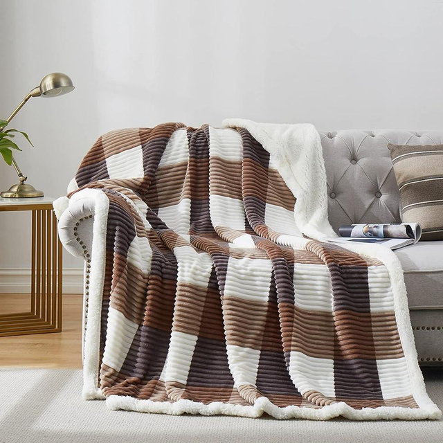 PU MEI Sherpa Blanket Twin Plaid Thick Bed Blanket, 60”*80” Super Soft Flannel Fuzzy Fleece Reversible Velvet Plush Warm Blanket for Couch (Beige Check)