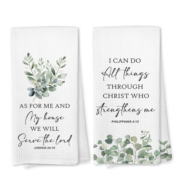 Voatok Christian Kitchen Towels Set of 2, I Can Do All Things Through Christ Bible Verse Decor Hand Towels for Bathroom, Eucalyptus Botanical Decor Dish Tea Towels for Kitchen, 16x24 Inches