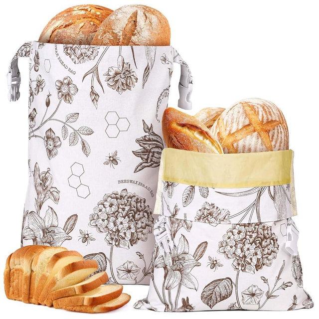 Yolysudo Reusable Vintage Floral Beeswax Bread Bag for Sourdough, 2 Pack Large Beeswax Lined Cotton Homemade Bread Storage Bags, Natural Freshness Keeper, Brown, 17''x 13"