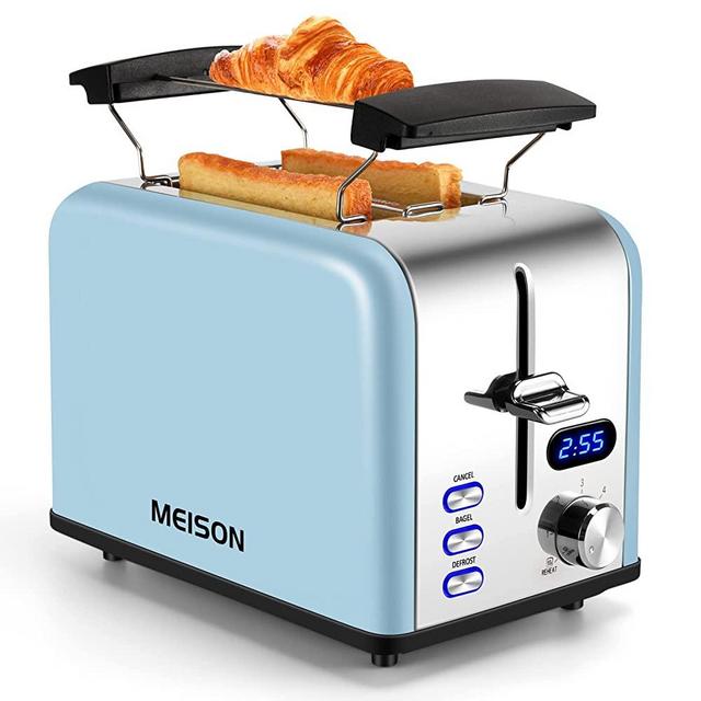 2 Slice Toaster with LED Timer Display, Stainless Steel Bread Toasters with Warming Rack, Extra Wide Slots, 6 Bread Shade Settings, Bagel/Defrost/Cancel Function, Removable Crumb Tray,120V/825W, Blue