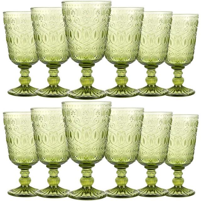 Wine Glasses Set of 12 Dishwasher Safe 9 oz Vintage Colored Glass Goblet Beverage Stemmed Glass Cups Romantic Embossed Glassware for Wedding Party Holidays Anniversary (Green)