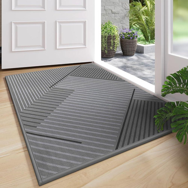 QiCaiJia Front Door Mat 17''x30'', Non Slip Absorbent Dirt Resist Washable Low-Profile Indoor Doormat, Easy Clean Welcome Entryway Door Mats, Grey