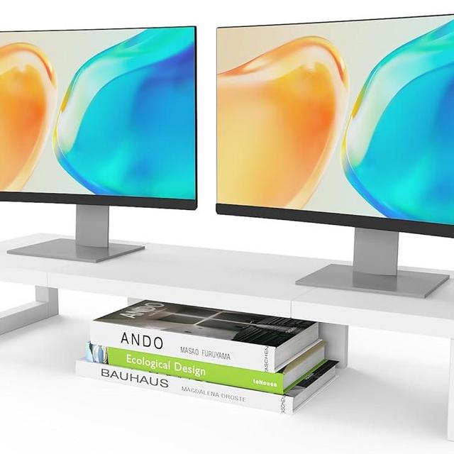 WESTREE Dual Monitor Stand Riser, Wood and Steel Monitor Stand Riser, Computer Monitor Stand for 2 Monitors, Multi-Purpose Desktop Storage Stand for Computer,Laptop,Printer,TV