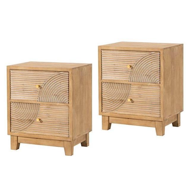 COZAYH 2-Drawer Farmhouse Nightstand, Mid Century Nightstand Set of 2 Fully Assembled with Handcrafted Wood Ring Pattern for Boho, Mid-Century, Rustic Style, Natural Wood