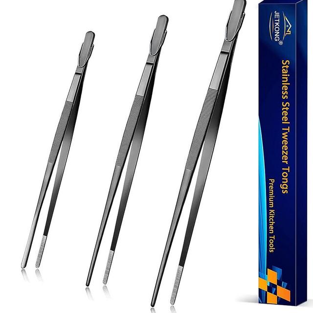 JETKONG Extra Long Kitchen Tweezers Heavy Duty Stainless Steel Cooking Tweezers, Set of 3 (9 12 14 Inch, Black)