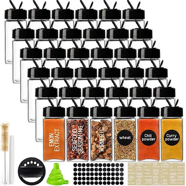 CUCUMI 36pcs 4oz Glass Spice Jars Square Glass Bottles with Black Caps, 1pcs Silicone Collapsible Funnel 203pcs Waterproof Labels 1pcs Test Tube Brush 1 Chalk Marker