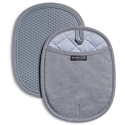 Rorecay Silicone Pot Holders Sets: Heat Resistant Oven Hot Pads with Pockets Non Slip Grip Large Potholders for Kitchen Baking Cooking | Quilted Liner | 9.8 x 7.6 Inches | Gray | Pack of 2