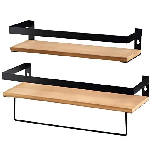 Bathroom Floating Shelves Wall Mounted, Set of 2 Rustic Wood Wall Storage Shelves with Removable Towel Bar, Perfect for Kitchen, Bathroom, Light Brown