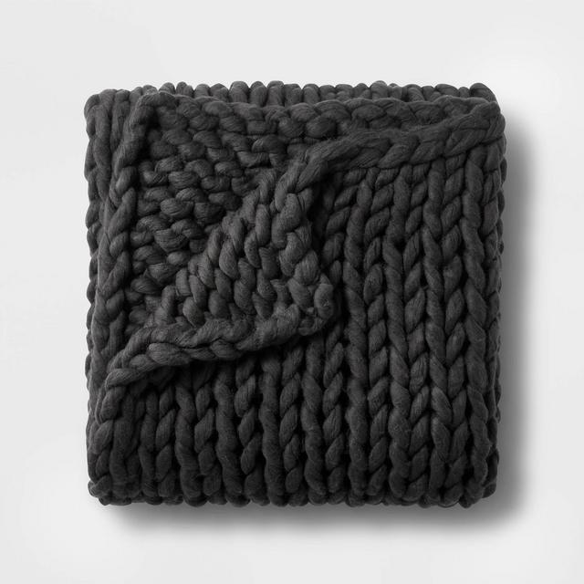 50" x 70" Oversized Chunky Hand Knit Bed Throw Washed Black - Casaluna™