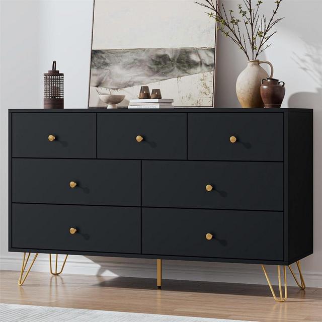 Tradare Black Dresser for Bedroom, Modern 7 Drawer Dresser with Gold Handles and Metal Legs, Black and Gold Dressers & Chest of Drawers for Hallway, Entryway