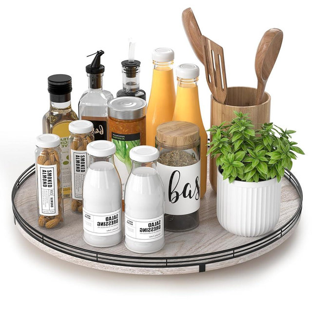 16" Lazy Susan Oak Wood Turntable Organizer for Cabinet, Farmhouse Round Wooden Lazy Susan Organization and Storage for Dining Table, Pantry, Kitchen, Bathroom, Countertop, Cupboard, Kitchen Decor