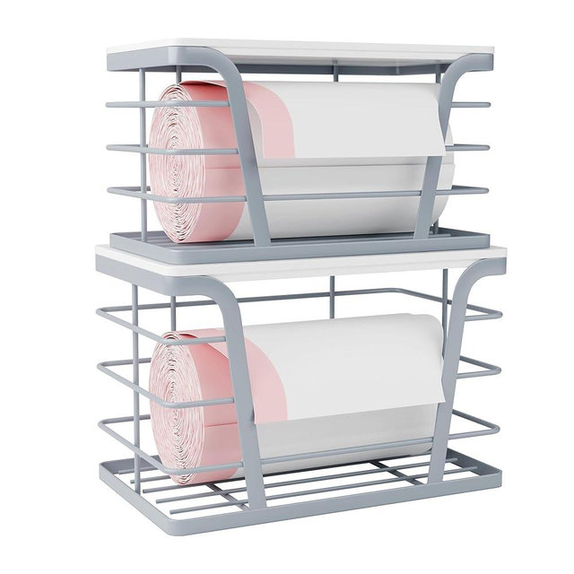 TIDIIABODE 2 Pack Gray Trash Bag Organizer for Kitchen and Pantry, Upgraded Stackable Metal Garbage Bag Holder with Bamboo Top, Modern Under Sink Storage Dispenser for Laundry Room, Garage