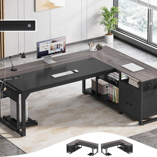 UPOSOJA 71 in Executive Desk with Power Outlets, Reversible L Shaped Computer Desk with File Drawers & Storage Shelves, Large Office Desk with Pegboard, Mobile CPU Stand, Modern Corner Desk (Grey)