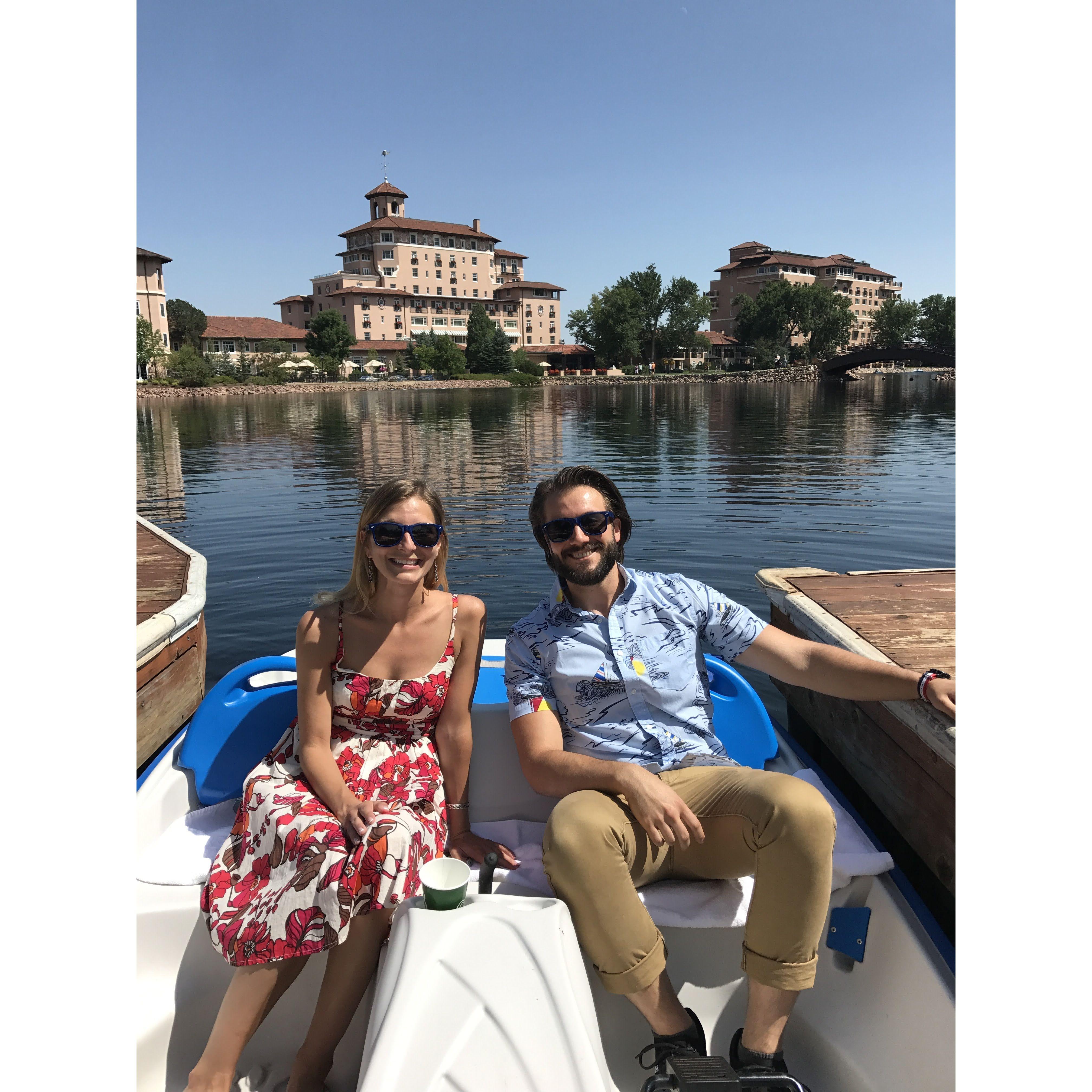Paddle boating, but only one of us paddled.  Guess who?