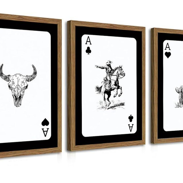 Western Cowboy Wall Art Set of 3 Cowboy Print Playing Card Inspired Southwestern Canvas Poster Trendy Western Wall Decor Longhorn Bull Skull Room Decor for Bedroom Living Room Framed 16x24 inch