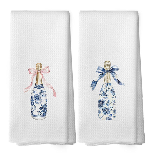 shiviody Chinoiserie Kitchen Towels - Coquette Bow Trendy Preppy Dish Towels, Blue and White Champagne Decorative Absorbent Dishcloths Hand Towels Set of 2 for Kitchen Bar Cart Decor 16x24 Inches