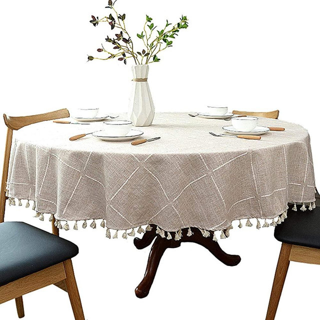 Heavy Weight Cotton Linen Tablecloth, Plaid Tassel Round Table Cover for Kitchen Dining Room Tabletop Decorations, Round - 48", Beige