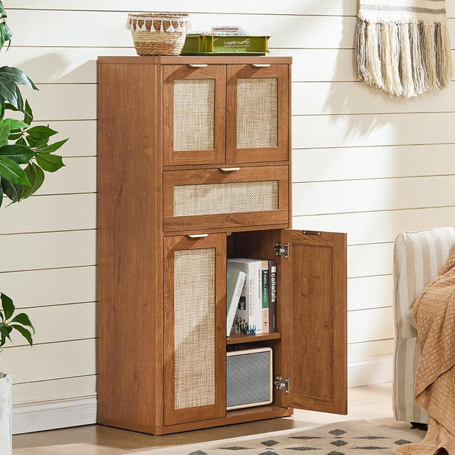 LEYAOYAO 48" Tall Storage Cabinet,Rattan Bathroom Floor Cabinets with 4 Doors & 1Drawer,Boho Kitchen Pantry with Adjustable Shelves,Wooden Cupboard for Living Room,Home Office,Dining,Brown