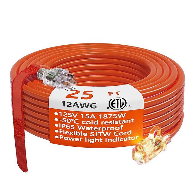 12/3 Gauge Heavy Duty Outdoor Extension Cord 25 ft Waterproof with Lighted end, Flexible Cold-Resistant 3 Prong Electric Cord Outside, 15Amp 1875W 12AWG SJTW, Orange, ETL HUANCHAIN