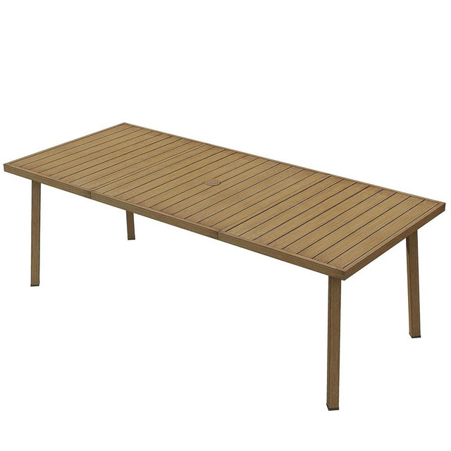 SEEHILL Outdoor Dining Table for 8, Never-Rust Aluminum Patio Dining Table, 82"×35" Large Rectangle Patio Table with Umbrella Hole, Outdoor Table with Wood-Like Texture for Commercial, Backyard, Teak