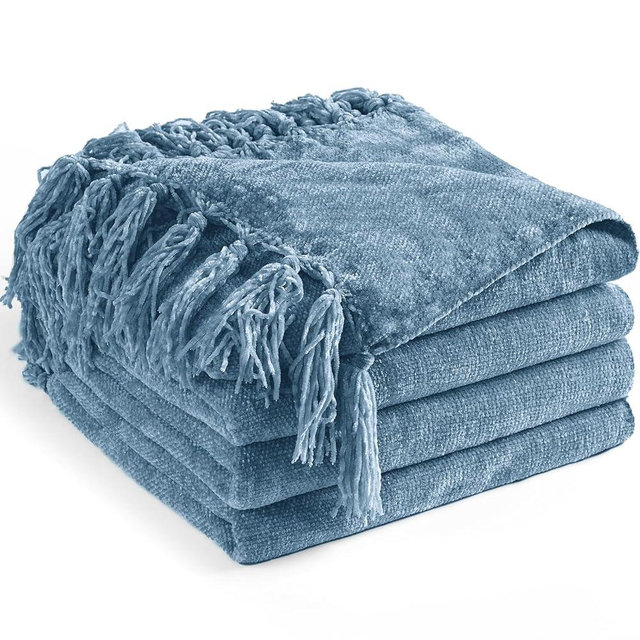 LONG CREATE Chenille Throw Blanket for Couch 60"X 80" Twin, Soft Cozy Throws with Fringe Tassel for Bed Sofa Chair Cover, Lightweight Knitted Decorative Boho Blankets for Living Room, Dusty Blue
