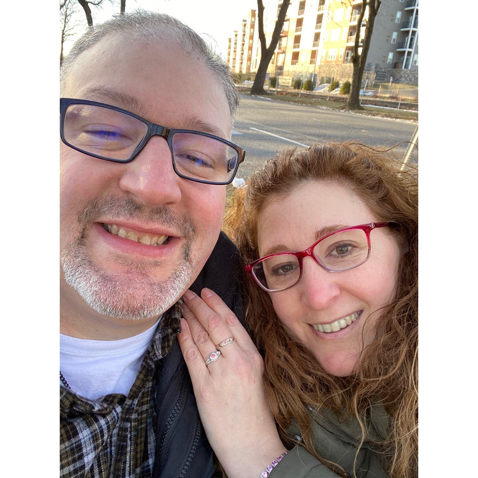 The moment Tom asked me to be his wife! At "our bench" in Lititz Springs Park on the coldest day of the year January 22. 2022!!