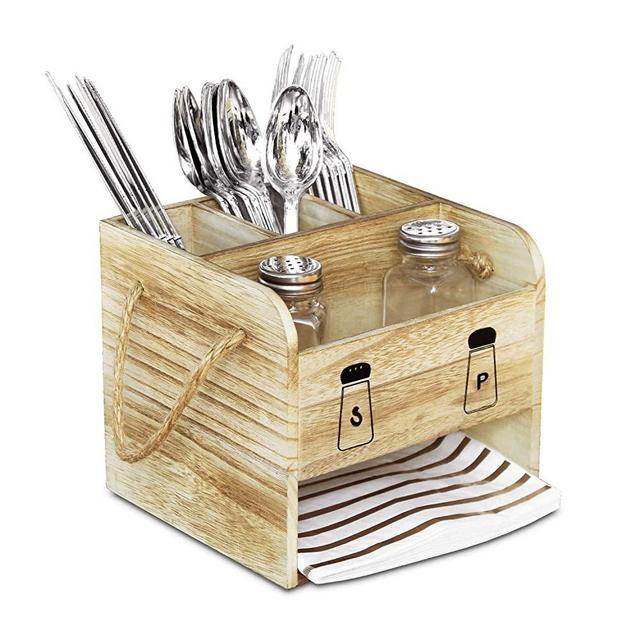 Ikee Design Wooden Utensil Caddy Flatware Holder with Handles - Hold for Spoons, Knives, Forks, Salt Pepper Shakers, Napkins for Dining Room, Restaurant and Kitchen, 7 1/8”W x 6 5/8”D x 7 1/2”H