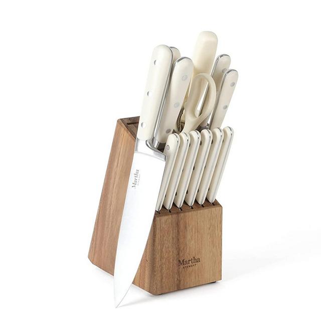 MARTHA STEWART Eastwalk 14pc Stainless Steel Cutlery Knife Block Set w/ ABS Triple Riveted Forged Handle Acacia Wood Block - Linen