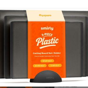 SMIRLY Plastic Cutting Board Set with Holder 3 Pieces, Non-Slip Dishwasher Safe Chopping Boards for Kitchen, Dark Grey