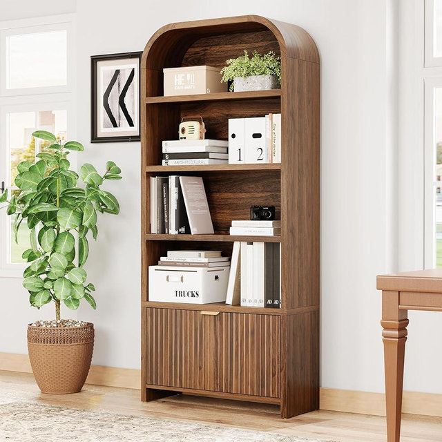 LEVNARY Arched Bookcase with Drawer, 70" Tall 5-Tier Bookshelf with Fluted Carved Drawer, Freestanding Display Storage Cabinet for Living Room Bedroom Home Office (Walnut)