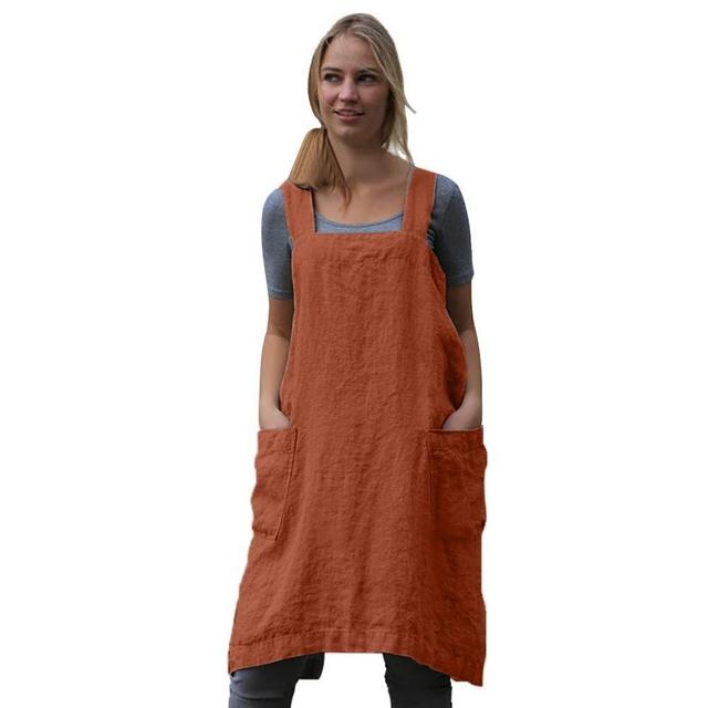Women's Pinafore Square Apron Baking Cooking Gardening Works Cross Back Cotton/Linen Blend Dress with 2 Pockets Orange-S