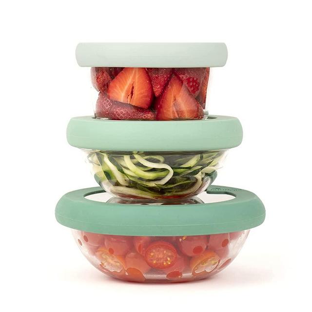 Replacement Lids for Glass Storage Containers by Food Huggers | Silicone & Glass Lids that Don’t Crack | Fits Round Container Brands & Bowls | 100% Plastic Free | 3 Lid Set (XS,S,M), Gradual Green