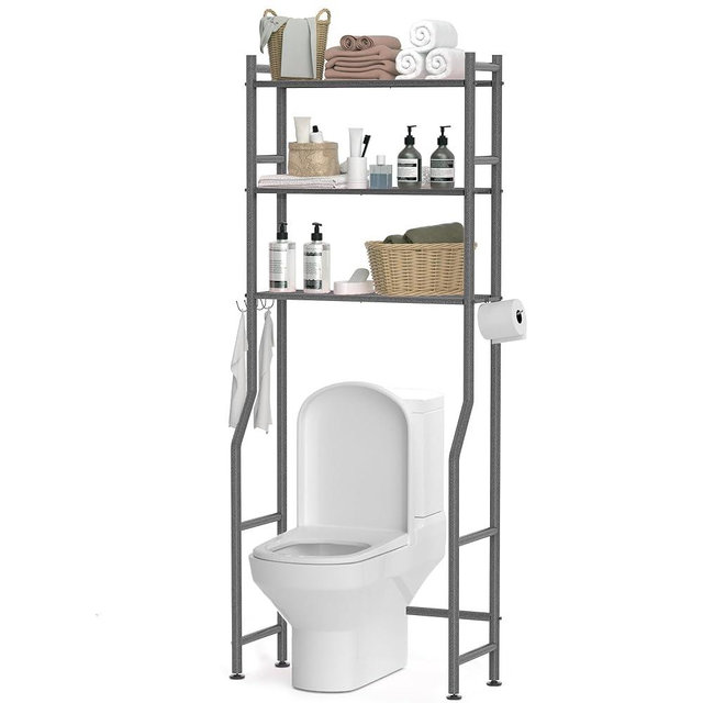 GloTika 3 Tier Over The Toilet Storage Rack with 2 Basket, Metal Freestanding Bathroom Shelves Toilet with Paper Holder and 4 Hooks, Over Toilet Storage Shelf for Bathroom Storage, Snow Black