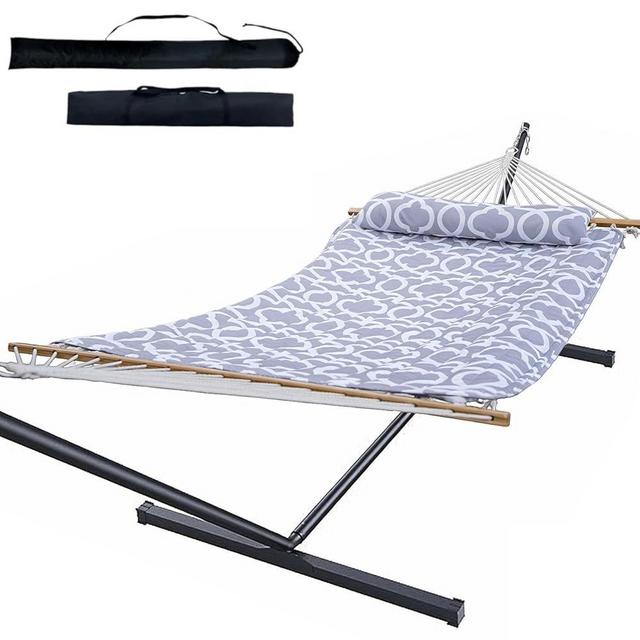 Everyfun Heavy Duty Hammock with Stand, 500LBS Capacity,Removable Quilted Polyester Pad, Portable & Adjustable Design, Includes Storage Bag, Easy to Assemble & Clean, Indoor & Outdoor Use, White-Gray