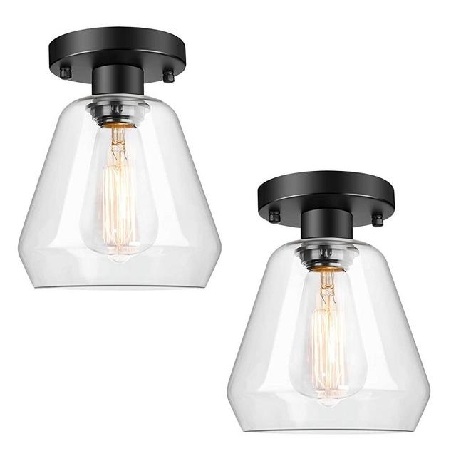 2-Pack Industrial Ceiling Light Semi Flush Mount Clear Glass Shade, Farmhouse Ceiling Light Fixture for Hallway Porch Kitchen Entryway Bedroom Corridor, Close to Ceiling Lights Black, E26 Base
