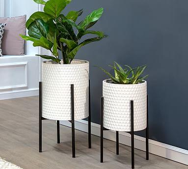 Bella White Patterned Raised Planters with Black Stand, Set of 2