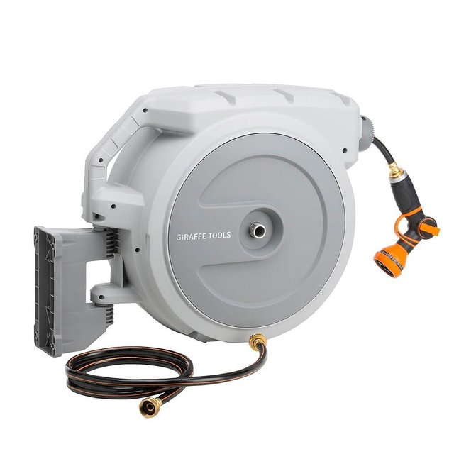 Giraffe Tools 130FT Retractable Garden Hose Reel Heavy Duty Wall Mounted Hose Reel with Detachab Leader Hose, 9 Pattern Nozzle, 180° Swivel Bracket, Any Length Lock, AW401/2QS 130ft, Light Grey