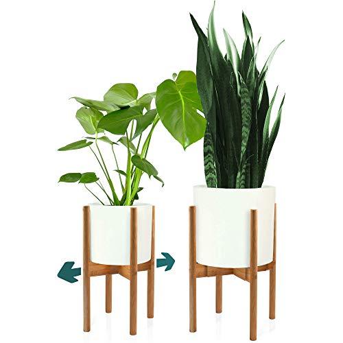 Fox & Fern Mid Century Plant Stand - Bamboo Adjustable Planter 8"- 12" Inch – EXCLUDING White Ceramic Pot – Retro, Modern, Expandable Raised Plant Holder for Indoors – Easy Assembly