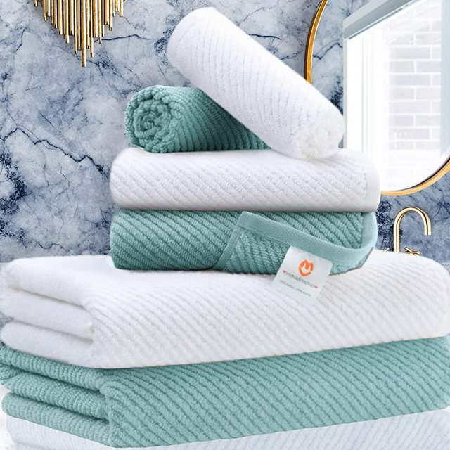 VOOVA & MOVAS Aqua and White Bathroom Towels with Gift Box, Luxury Bath Towels Extra Large Fluffy, Hotel Size Towel Sets with 6 Pieces - 2 Bath Towels, 2 Hand Towels, 2 Washcloths (Teal and White)