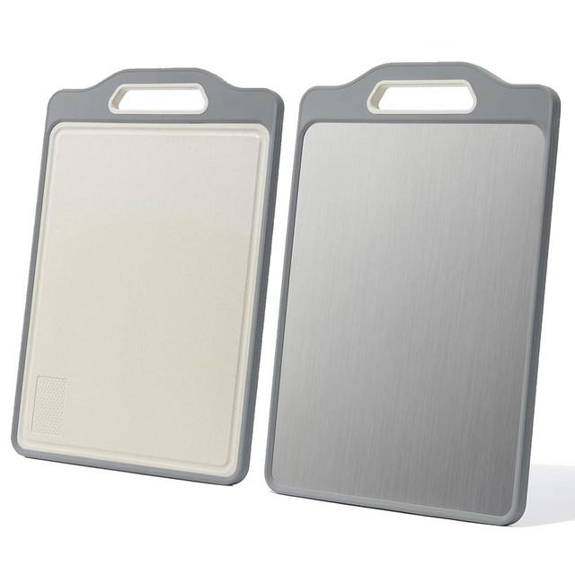 Stainless Steel Cutting Boards For Kitchen,Double Sided Cutting Board With Handle,Stainless Cutting Board And Wheat Straw Cutting Board With Juice Troughe,Kitchen Chopping Board Easy To Clean