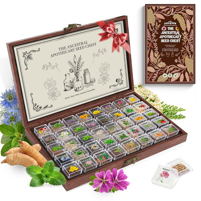 Lush&Dew Ancestral Apothecary Medicinal Herb Seed Chest, 36,000+ Non-GMO Survival Seed Kit, Valentines Gardening Gifts for Women Men, 40 Types Heirloom Seeds for Planting Herbs, Raised Bed Windowsill