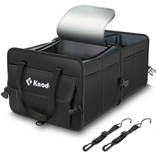 Knodel Sturdy Car Trunk Organizer with Premium Insulation Cooler Bag, Heavy Duty Collapsible Trunk Storage Organizer for Car, SUV, Truck, or Van (2 Compartments, Black)
