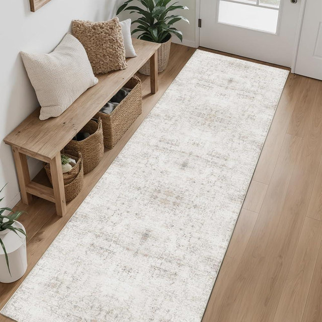 Dotiiorug Hallway Runner Rug 2x8 Washable Area Rugs, Vintage Floral Rug Soft Non Slip Stain Resistant Boho Floor Carpet Runners for Hallways Entryway Laundry Room Kitchen Bathroom, and Bedroom Beige