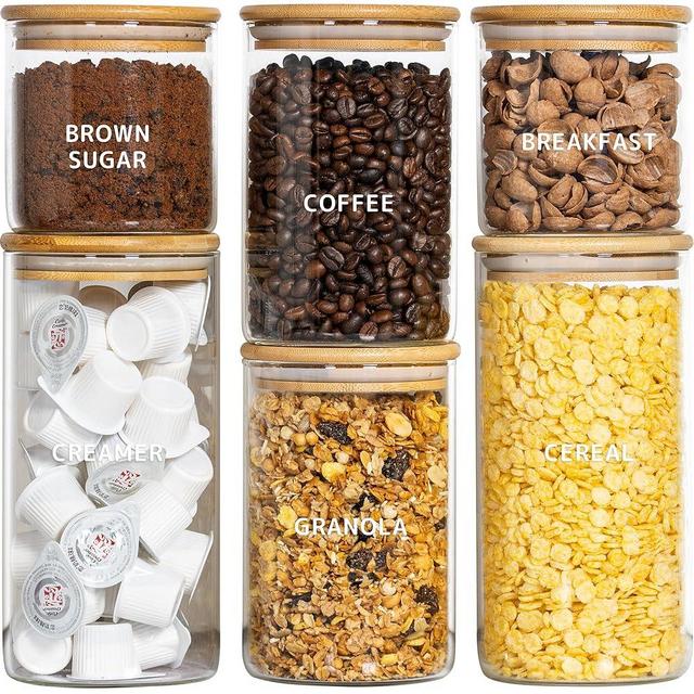 Laramaid Glass Jar Set (2x22oz/2x35oz/2x45oz) Set of 6 with 160 Minimalist Pantry Labels, Round Canister Jars with Bamboo Lids and Transparent Customized Sticker Labels, Food Storage Containers
