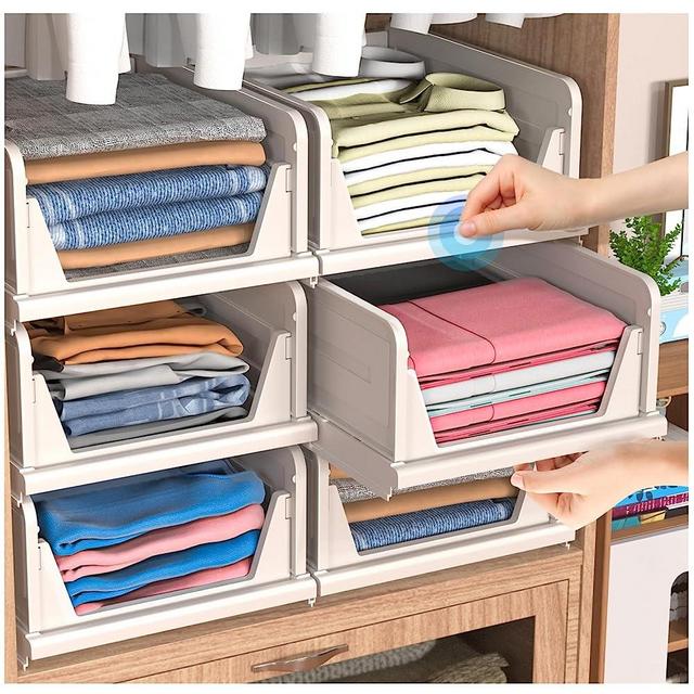 6 Pack Stackable Plastic Storage Basket, Closet Organizer Bin,Foldable Clothes Organizer Storage Drawer, Shelf Container (Light Gray-White-6Pack)