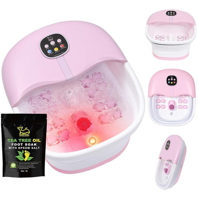 Foot Spa Bath Massager with Heat Bubbles and Vibration Massage and Jets, 16OZ Tea Tree Oil Foot Soak Epsom Salt, WHALSTAR Collapsible Foot Bath Bucket With Infrared Fighting Infections & Remote - PINK