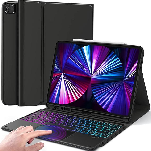 CHESONA iPad Pro 12.9 Case with Keyboard, Compatible for iPad Pro 12.9-inch 2021 5th/4th/3rd Gen, Trackpad Keyboard with DIY 7 Color Backlit, Wireless Detachable Keyboard with Pencil Holder, Black