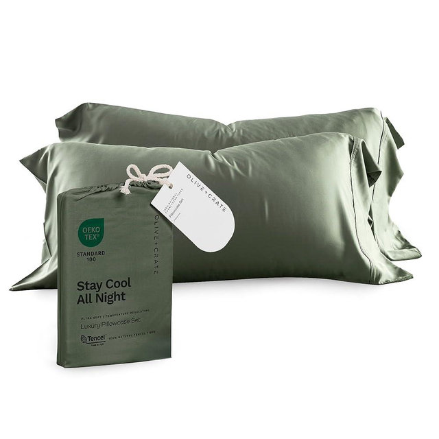 Olive + Crate Tencel Eucalyptus Pillowcases - 100% Tencel Lyocell Cooling Pillow Cases for Hot Sleepers - Hypoallergenic, Moisture-Wicking, Silk Alternative, Vegan - Standard Size Set of 2 [Moss]