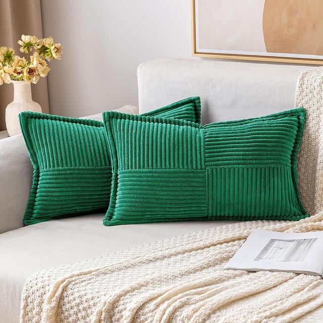 MIULEE Corduroy Pillow Covers with Splicing Set of 2 Super Soft Boho Striped Pillow Covers Broadside Decorative Textured Throw Pillows for Couch Cushion Livingroom 12 x 20 inch Emerald Green