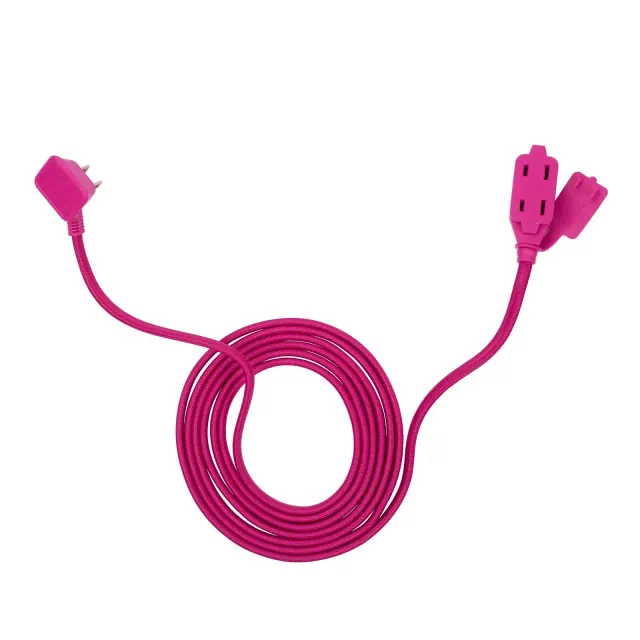 Globe Electric 9' Fabric Extension Cord with 3 Polarized Outlets, Neon Pink: Indoor Flat Plug, Long 16 AWG, 13 Amp
